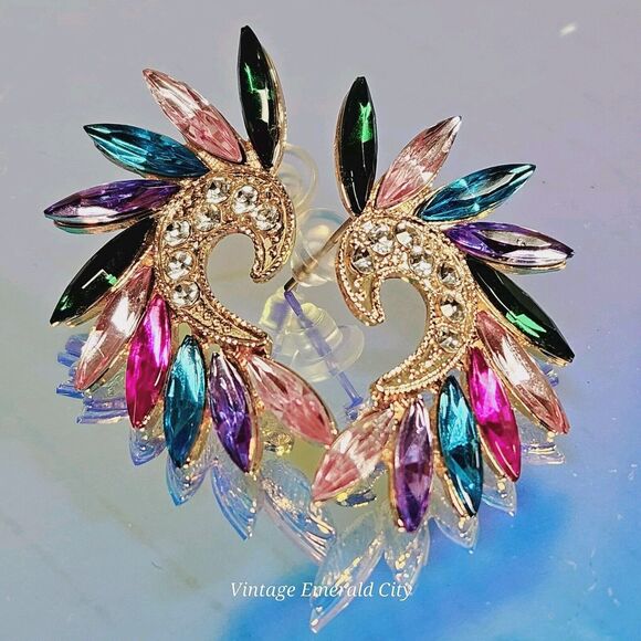 Color-block Rhinestone Stud Earrings Woman's Fashion Chic Drops Angel Wings   B2 - Picture 1 of 6